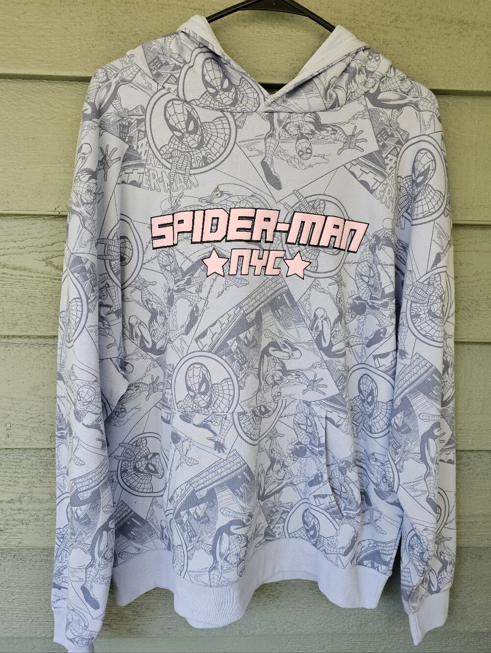Marvel Spider-Man NYC Blue & Gray Comic Graphic Hoodie Sweatshirt Womens Medium